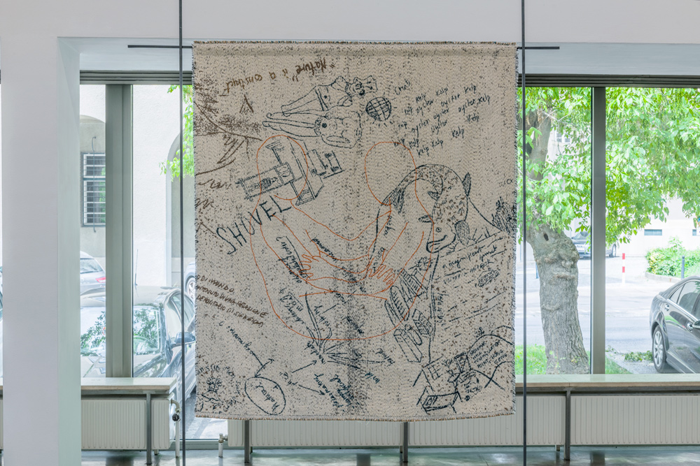 Exhibition view BEYOND THE GARDEN, Claudia Losi; Galerie Stadtpark Krems, 2026; Photo: Stefan Lux; Claudia Losi; Like a Forest Garden (Fish), 2022–26; Cotton jacquard fabric, wool embroidery, 144 x 124 cm