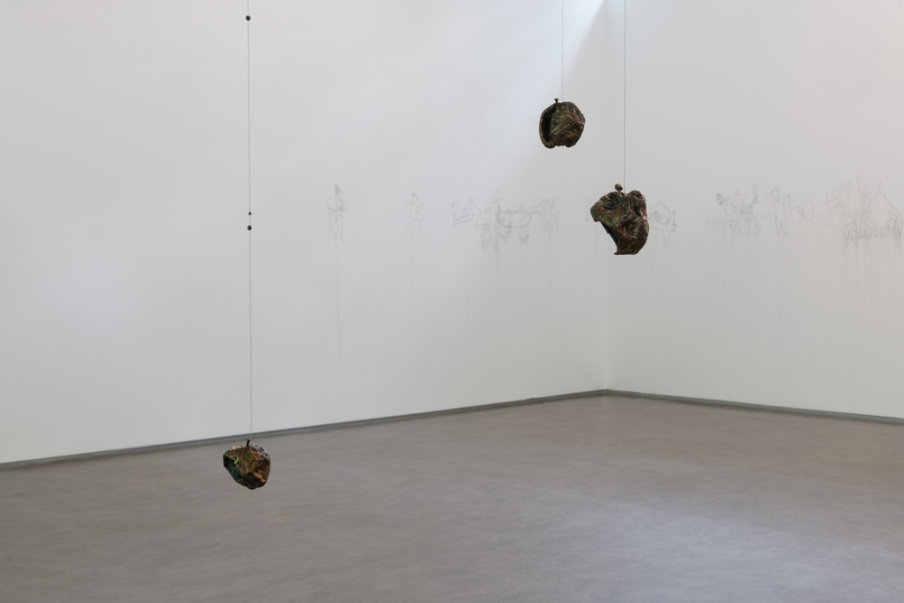 Exhibition view BEYOND THE GARDEN, Claudia Losi; Gallery Stadtpark Krems, 2026; Photo: Stefan Lux; Claudia Losi; Pomi, 2025; Brass with metal wire and small lead weights; Ø approx. 5 cm each