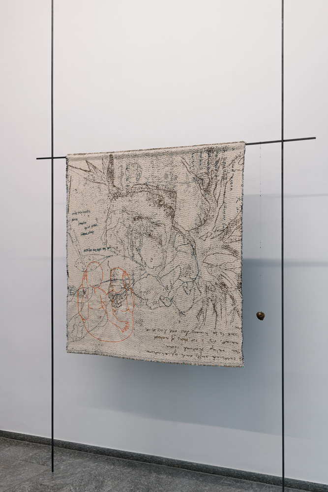Exhibition view BEYOND THE GARDEN, Claudia Losi; Gallery Stadtpark Krems, 2026; Photo: Stefan Lux; Claudia Losi; Like a Forest Garden (Deer), 2022–26; Cotton jacquard fabric, wool embroidery, 144 x 160 cm; Courtesy: Monica De Cardenas Gallery, Milan