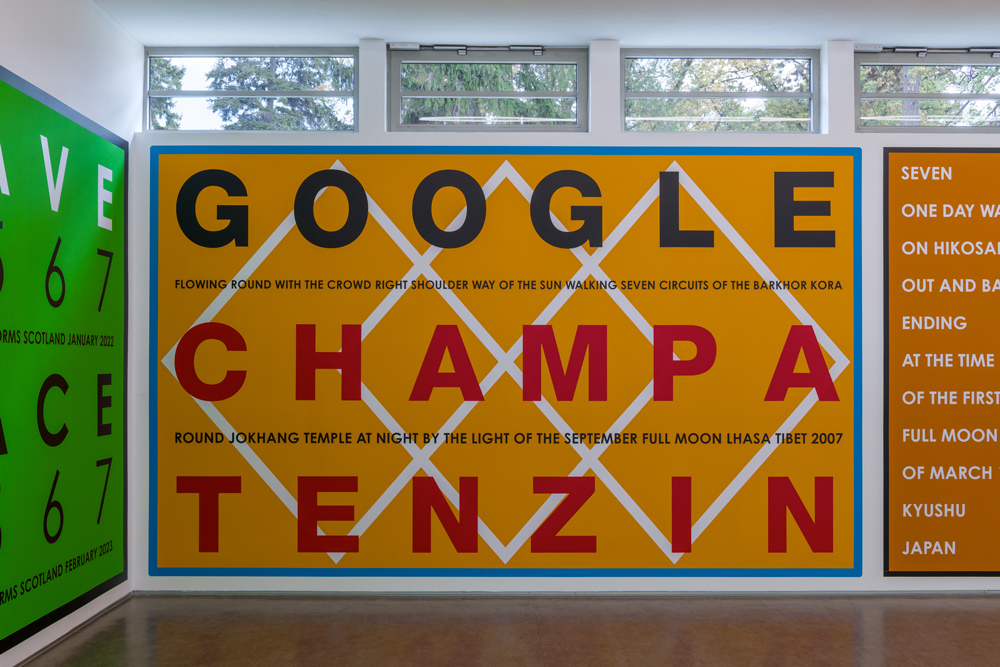 Exhibition view; NATURE AS COMMUNITIES; NOT COMMODITIES, Hamish Fulton,; Gallery Stadtpark Krems, 2026; Photo: Stefan Lux; Google Champa Temzin. Tibet 2007.; Wall painting, vinyl lettering, variable size; Courtesy and © Hamish Fulton