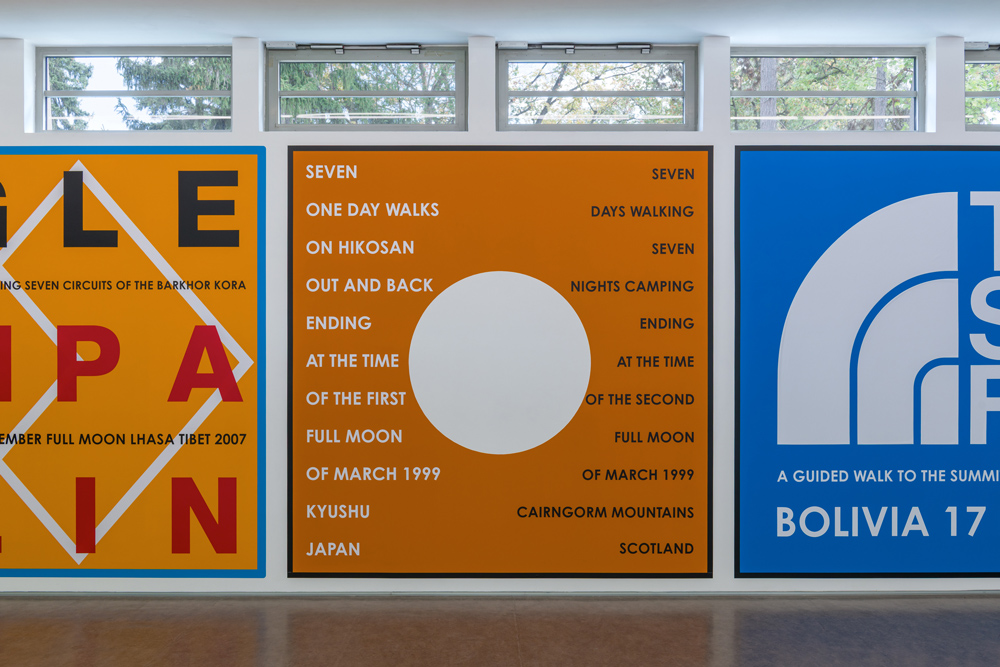 Exhibition view; NATURE AS COMMUNITIES; NOT COMMODITIES, Hamish Fulton,; Gallery Stadtpark Krems, 2026; Photo: Stefan Lux; The Two Full Moons of March 1999. Japan Scotland.; Wall painting, vinyl lettering, variable size; Courtesy and © Hamish Fulton